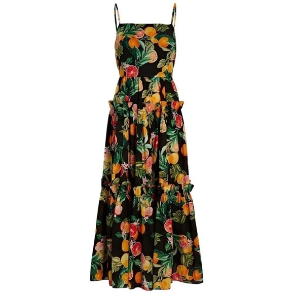CARA CARA Fruit Print Square Neck Sleeveless Open Back Ruffle Tier Midi Dress L - Picture 14 of 15